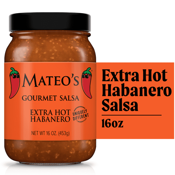 Mateo's Gourmet All Natural Habanero Hot Salsa, Extra Spicy Heat, Regular16oz Glass Jar