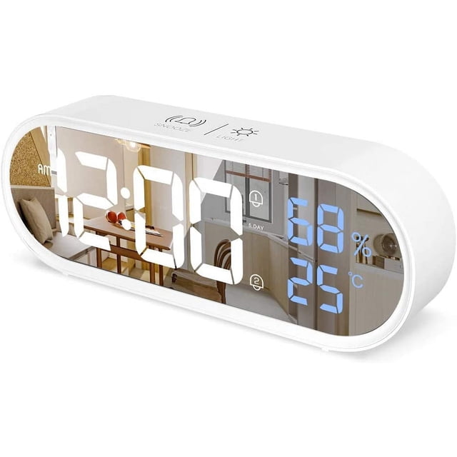 Reloj despertador digital con espejo Rawiri, reloj digital LED, pantalla grande de hora, temperatura y humedad, 40 tonos de llamada musicales, función de repetición, despertador portátil por la