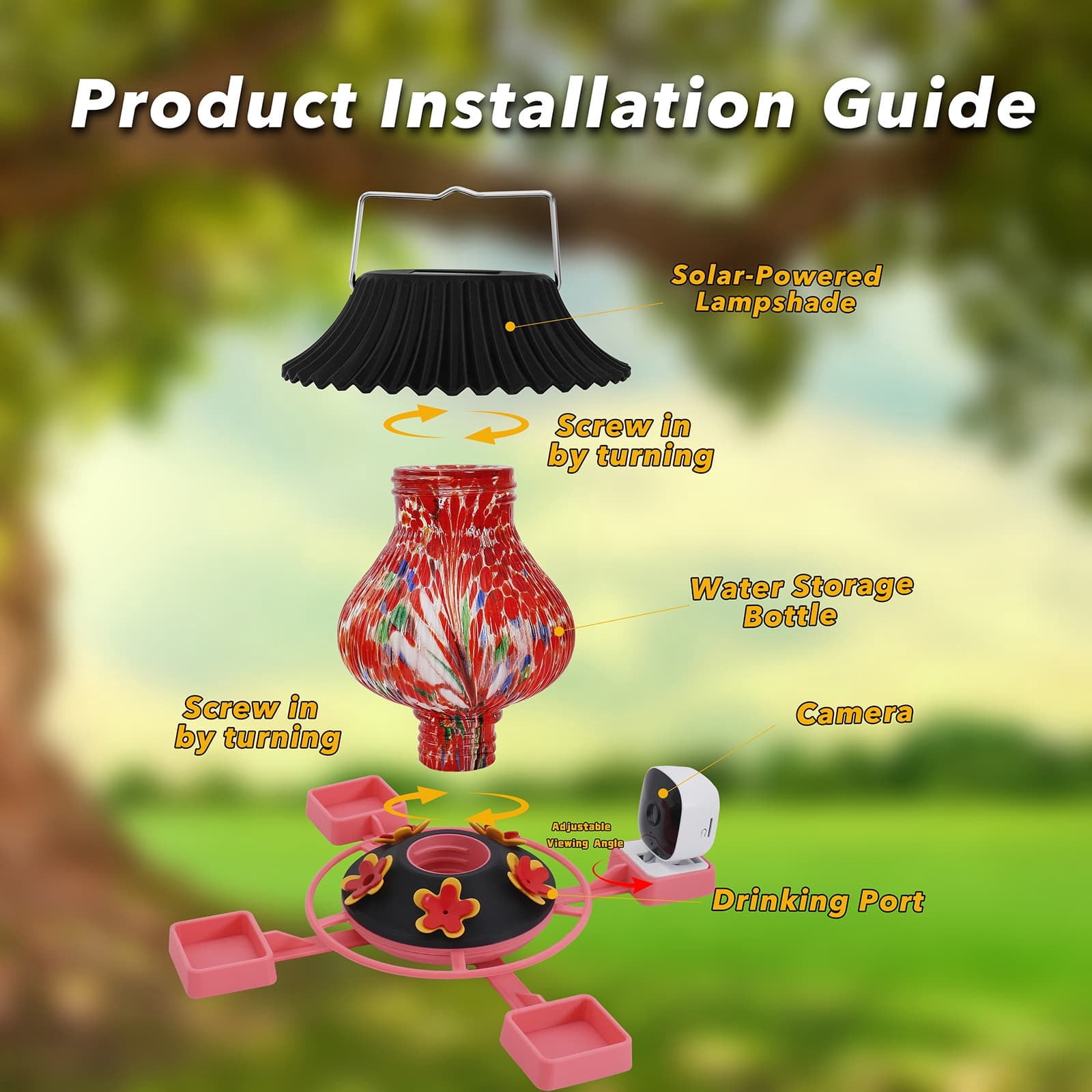 Diceymbol Smart Humming Bird Feeder With 1080P HD Camera Solar Powered Bird Feeder With LED Light 4 Feeding Ports Outdoor Garden Bird Watching Feeder For Patio Backyard