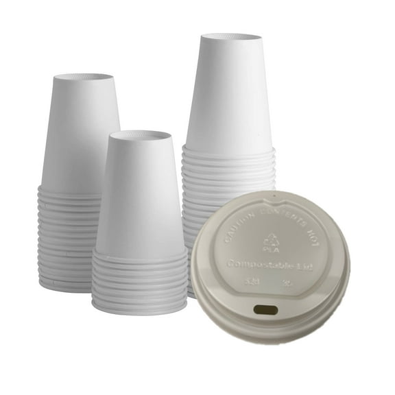 12 oz. Disposable White Paper Cups Coffee Cups with Compostable PLA Lids 400 set