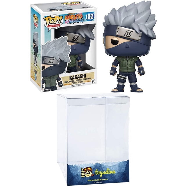 kakashi funko paquete de figuras de vinil con 1 protector gráfico toysdiva compatible — Figura Funko POP! Kakashi (Naruto Shippuden) en vista frontal, estilo chibi de aproximadamente 3–5 pulgadas, cabello gris puntiagudo, bandana con símbolo de Konoha, máscara negra y chaleco verde; incluye protector PET transparente de 0.35 mm con base gráfica azul y logo ToysDiva y caja POP! numerada 182.