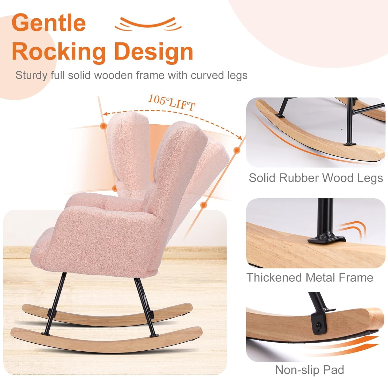 Rocking Chair, Indoors Glider Accent Armchair with High Backrest for Nursery, Bedroom, Teddy Fabric with Solid Wood Legs, Pink