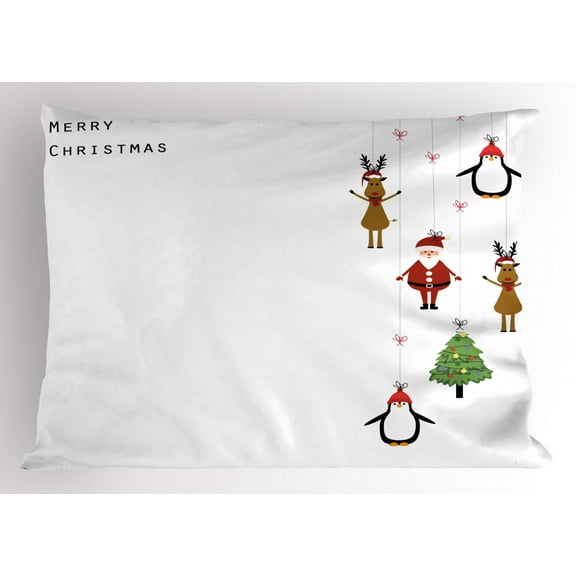 Christmas Pillow Sham Stylized Reindeers Santa Claus Penguins and Xmas Tree on Stripes Cute Design, Decorative Standard Queen Size Printed Pillowcase, 30 X 20 Inches, Multicolor, by Ambesonne