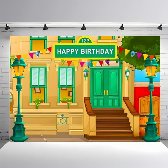Photography Backdrop Happy Birthday Cartoon Street Theme Brick Wall Children Photography Background Birthday PartyPhotography Studio Props Vinyl (7x5ft)