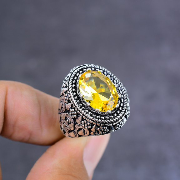 Natural Citrine Gemstone Handmade 925 Sterling Silver Jewelry Ring Size 9.5