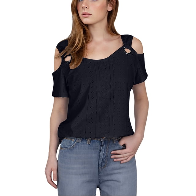 fheaev Hauts d'Été pour Femmes Épaules Dénudées Manches Courtes Dentelle Patchwork Col Rond Tunique Ample Blouses T-Shirt Décontracté Chic Vacances Travail