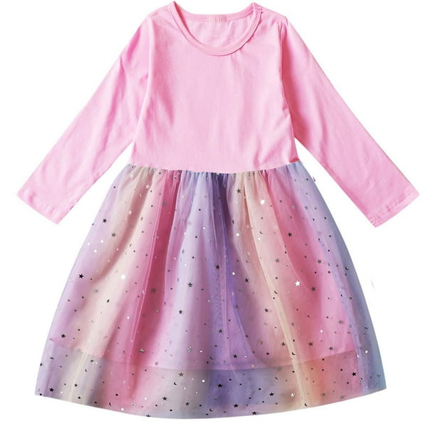 Odeerbi Niñas Manga Larga Vestido Tul Arcoiris Lentejuelas Primavera Otoño Vestidos Algodón Cuello Redondo Malla Patchwork Vestido Suelto