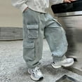 thumbnail image 4 of WhouRiu Little Boy's Jeans Straight Leg Cargo Denim Pants with Pockets Children Streetwear Loose School Wear Denim Trousers Blue,Sized 5-6, 4 of 6