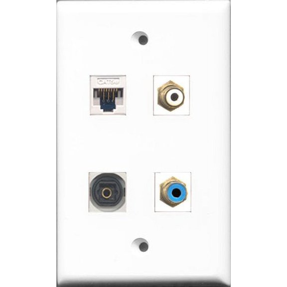 RiteAV 1 Port RCA White and 1 Port RCA Blue and 1 Port Toslink and 1 Port Cat5e Ethernet White Wall Plate