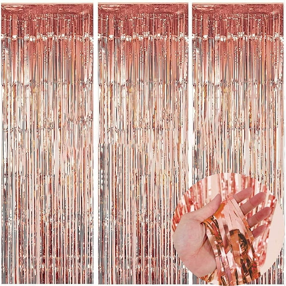 KIRIKOU Pack of 3 Rose Gold Foil Fringe Curtains Backdrop Party Decoration, 3.2ft x 6.5ft Metallic Tinsel Curtain Photo Backdrop for Birthday Bachelorette Party Bridal Baby Shower Decorations