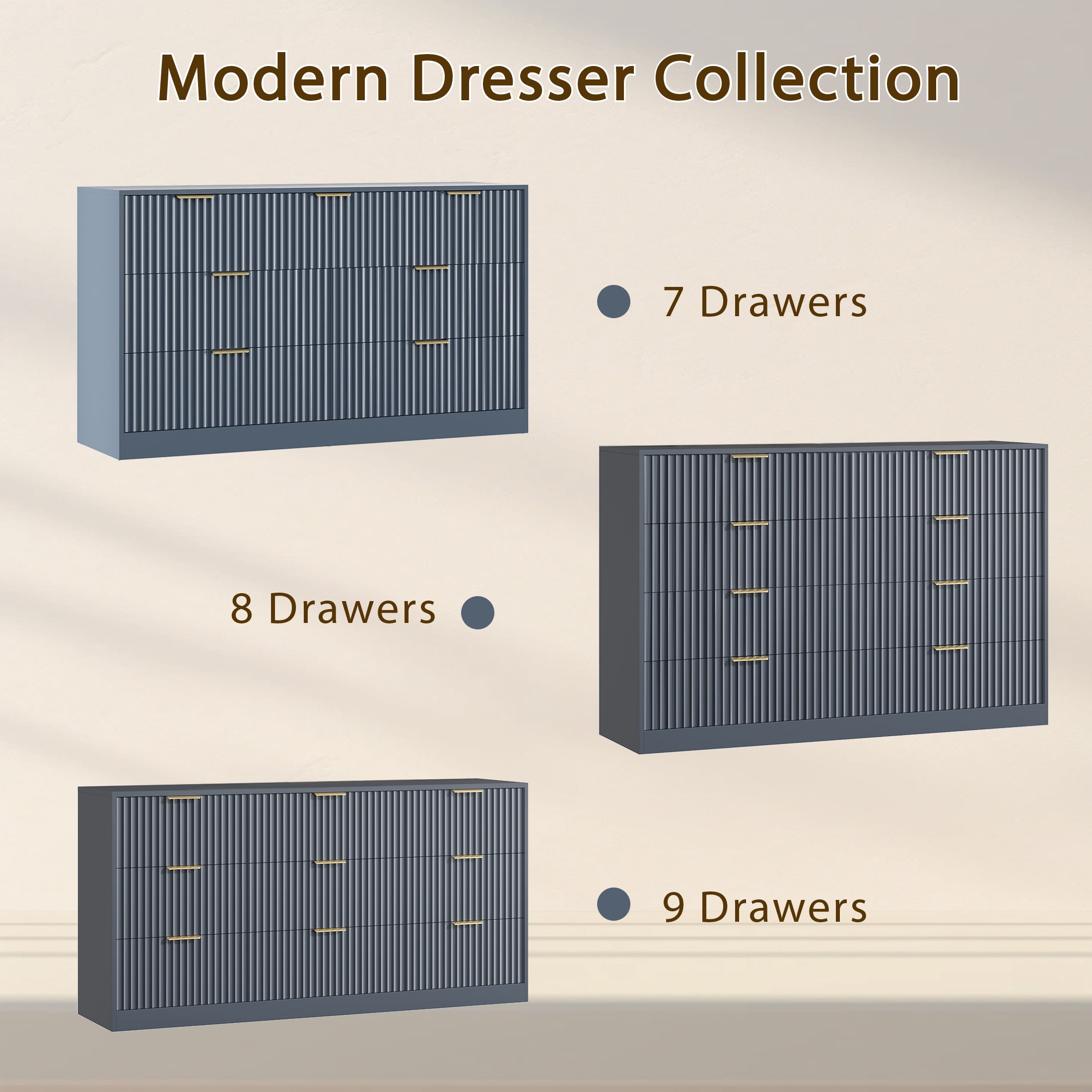 YouTrend 55.1"W Fluted Dressers for Bedroom with 7 Drawers,Modern Chest of Drawer TV Stand for Adults,Wood Clothes Storage for Living Room,Blue