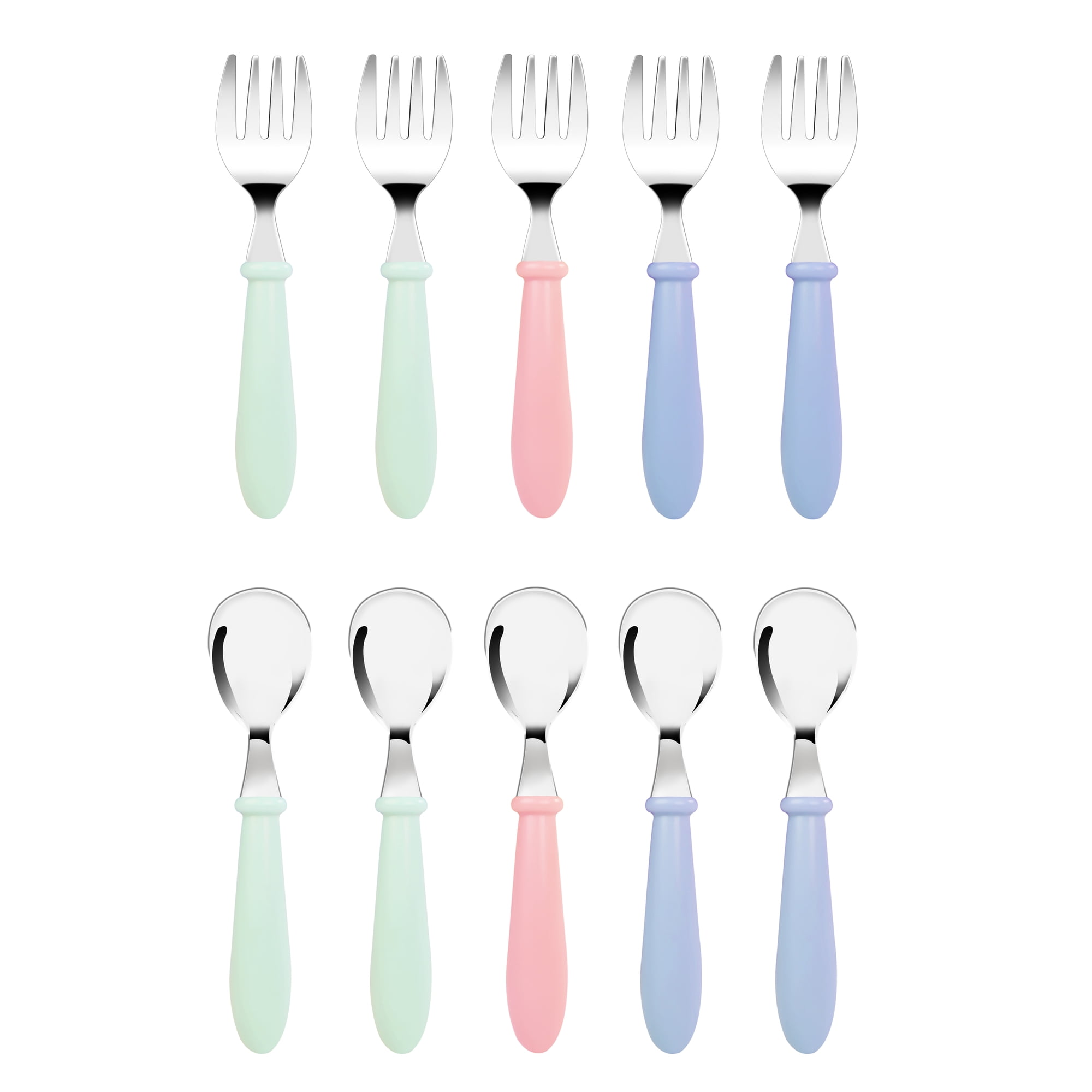 10 pcs Toddler Utensils, Stainless Steel Toddler Silverware Set with Round Handle, Baby Forks for Self Feeding, 5 Toddler Forks and 5 Toddler Spoons, BPA Free