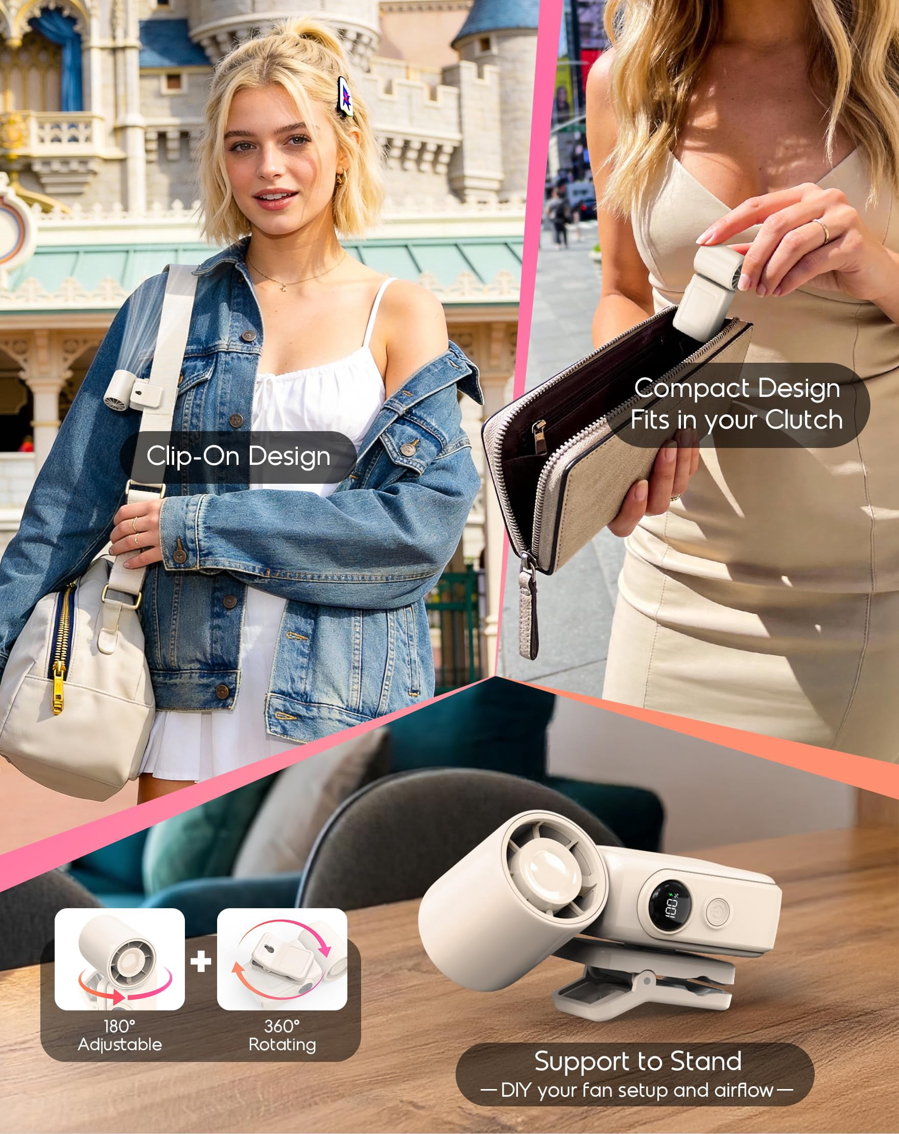 Portable Clip-On Mini Fan, Hands-Free, Turbo Personal Handheld Fans Rechargeable w/4 Wind & LED Display, Pocket Size Summer Cooling Essentials for Travel/Eye Lash/Beach/Concert, Gifts for Women(Pink)
