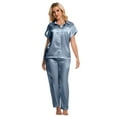 thumbnail image 4 of DAKIMOE Silk Satin Pajamas Set for Women Two-Piece Sleepwear Short Sleeve Pjs Soft Button Down Shirt and Wide Leg Long Pants with Pockets, 4 of 7