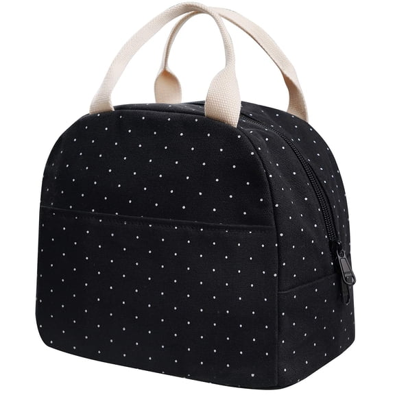 Upgraded Compact Black Lunch Bag for Women,Canvas Reusable Insulated Polka Dot Lunch Tote Box Bag for Work