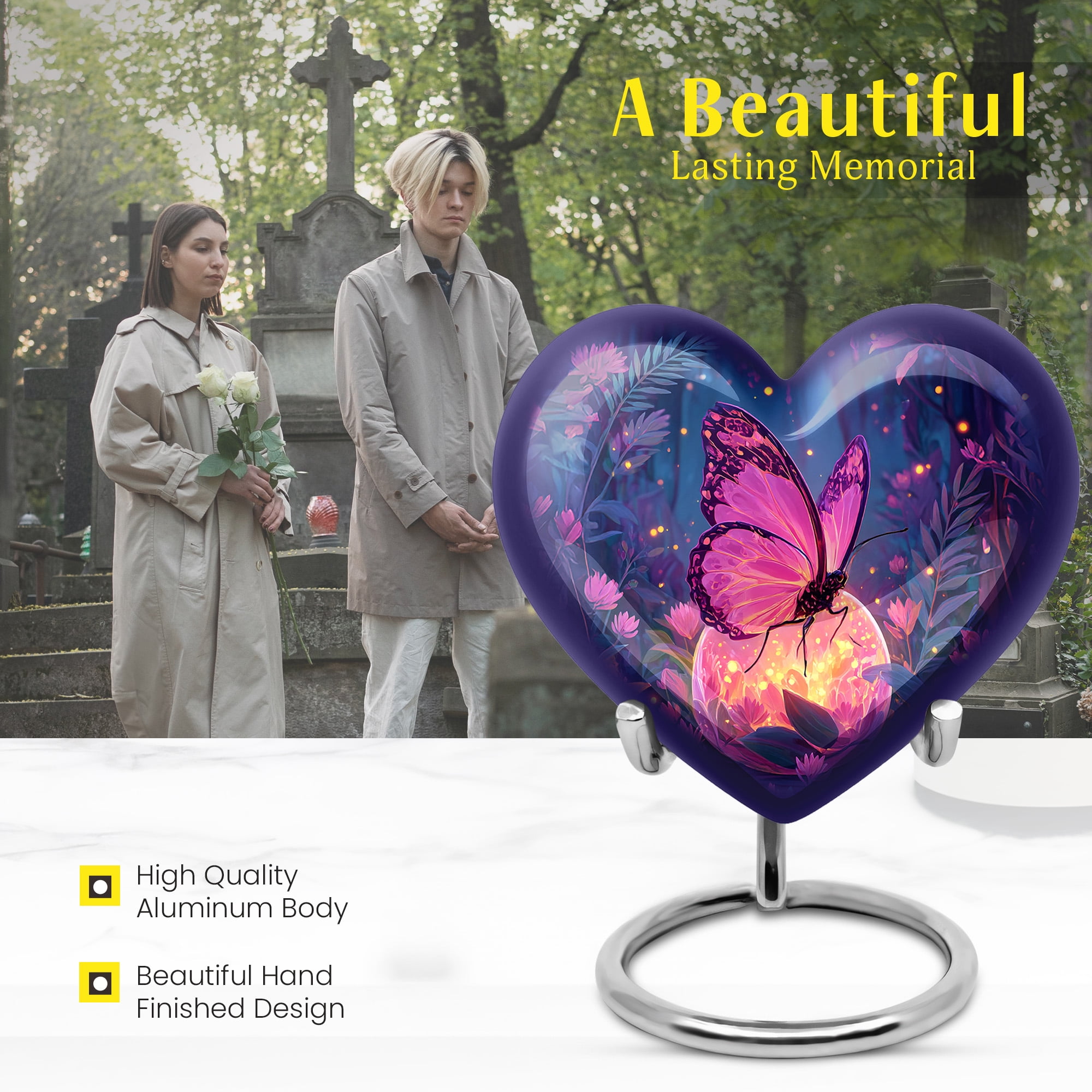 MUKTIVE Purple Butterfly Keepsake Heart Urn for Ashes for Men & Women, Purple Flower Cremation Urns for Human Ashes, Handcrafted Gift for Loss of Family, 3 Inch Small Blue Cremains Ash Holder