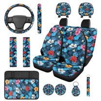 KUIFORTI Tropical Flowers 14 Pcs Car Seat Covers Auto Center Console Armrest Pad Auto Seat Belt Cover Steering Wheel Cover Car Interior Automotive Fits Most Cars, Sedans, SUVs
