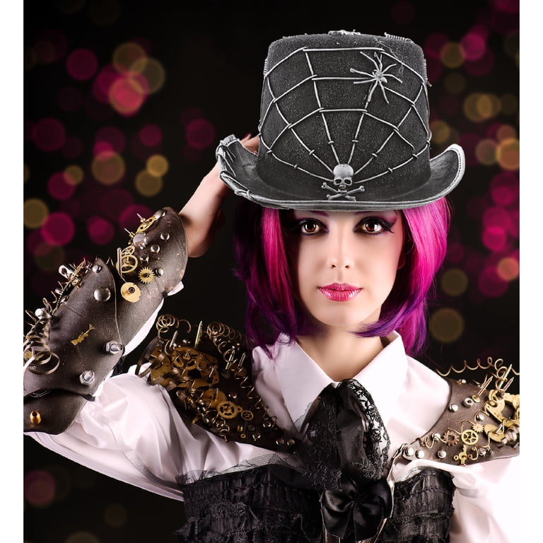 OOAK Steampunk Top Hat Cosplay Leather Skulls Gears Spiders Feathers Sz M 22.25\