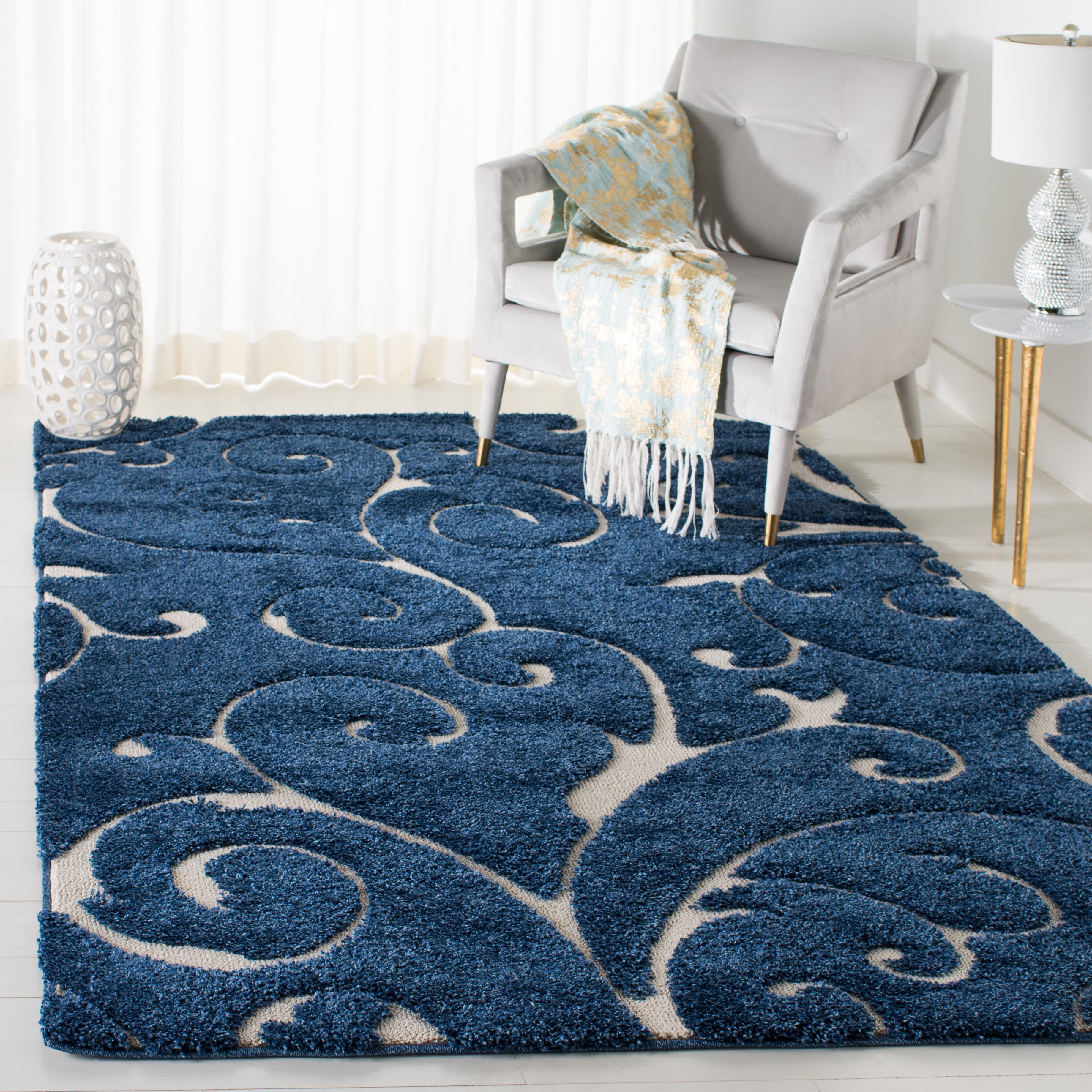 Safavieh Florida Doug Floral Vines Geometric Shag Area Rug, Dark Blue/Cream, 6' x 8'
