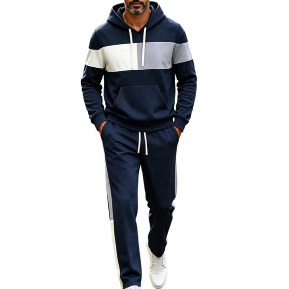 Jerdar Men's Color Block Pullover Hoodie Tracksuit Set, Long Sleeve Hooded Top & Drawstring Elastic Waist Straight Sweatpants, Polyester Blend Casual 2 Piece Outfit