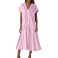thumbnail image 1 of Robe Chemise en Lin Grande Taille pour Femmes Rondes Manches Courtes Boutonnée Ourlet à Volants Décontractée Maxi Longues Robes Rose, TG, 1 of 7