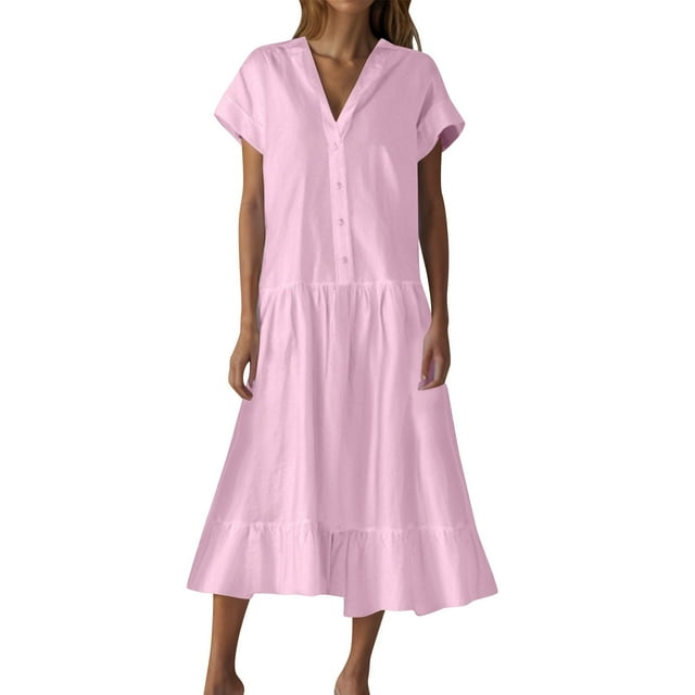 Robe Chemise en Lin Grande Taille pour Femmes Rondes Manches Courtes Boutonnée Ourlet à Volants Décontractée Maxi Longues Robes Rose, TG
