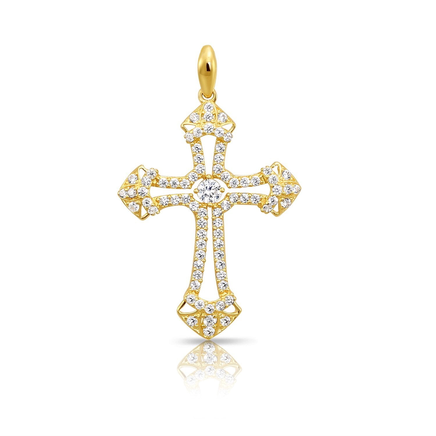 Tilo Jewelry 14K Yellow Gold Gothic Pave Cross Christian Pendant Charm with Cubic Zirconia CZ Stones for Women & Unisex Necklace