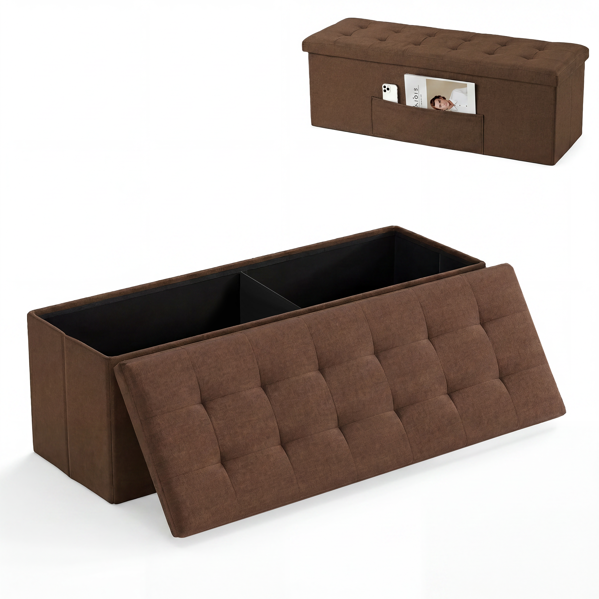 Costway 43" Folding Storage Ottoman Bench, Brown Linen photo 1