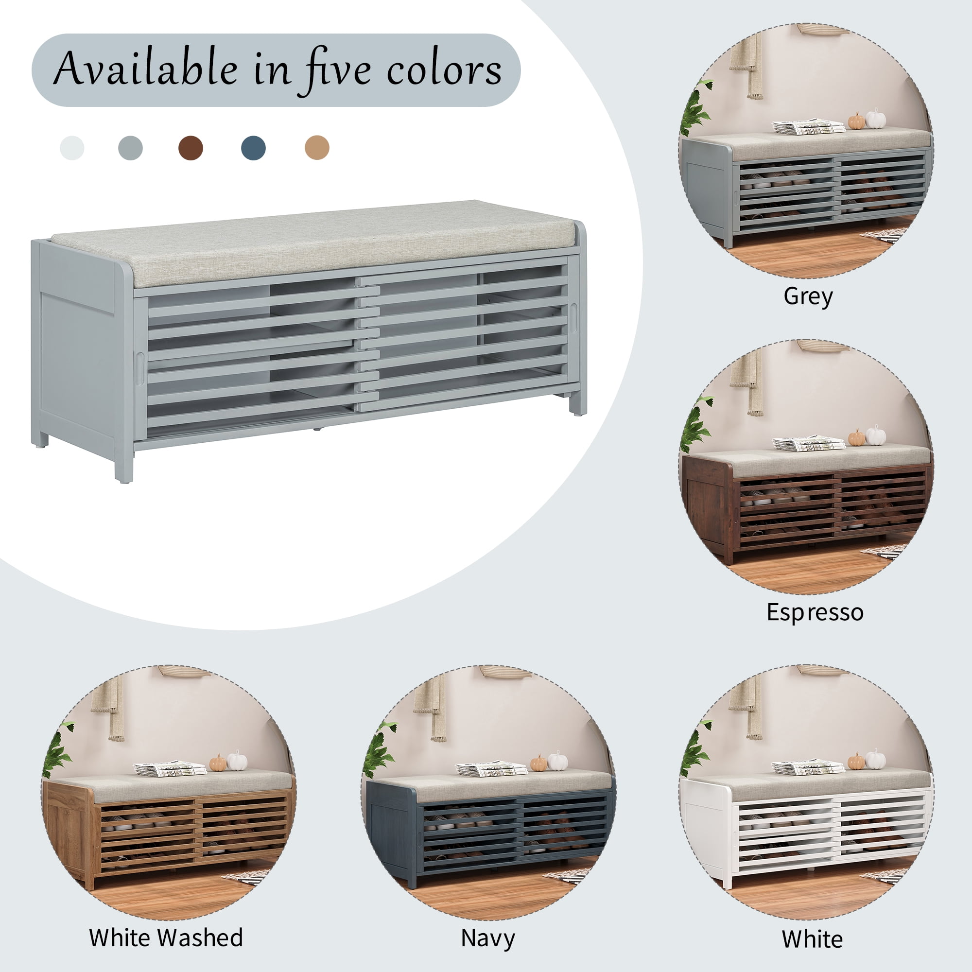 Euroco Shoe Bench with Storage and Cushion, Distressed Shutter Storage Bench with Retro Charm for Living Room, Entryway (Grey)
