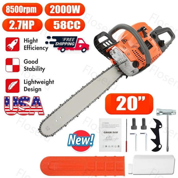 Floseru 58CC Gas Chainsaw 20 Inch Bar - 2.7HP 2-Cycle Gas Chain Saw with Easy Start, Anti-Vibration for Forest Logging, Wood, Orchards and Ranches Cutting Use