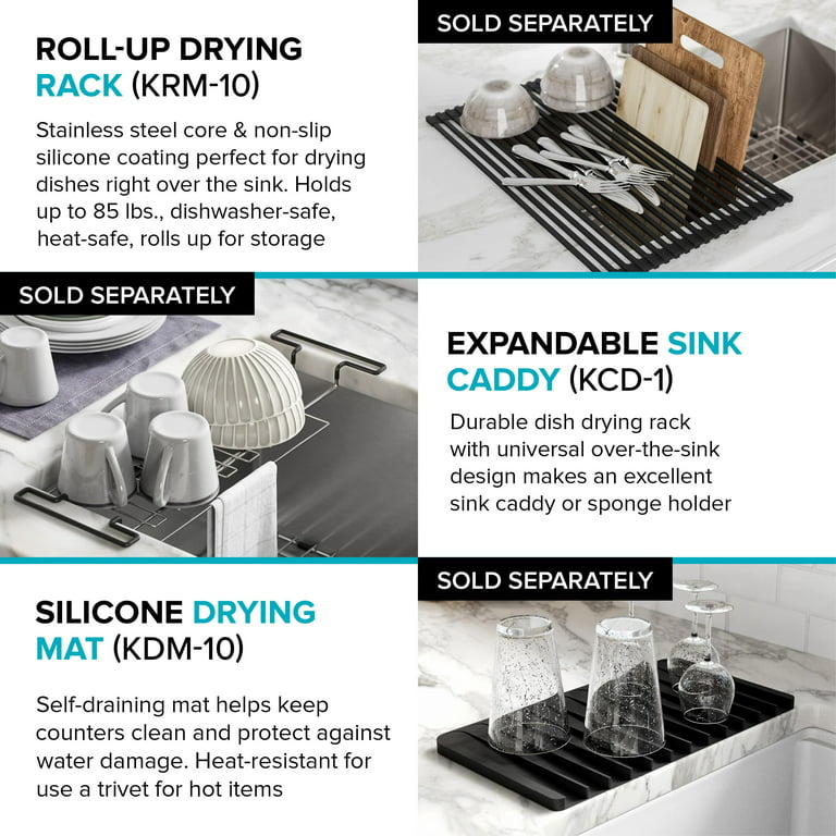 Kraus KRM-10 GREY Silicone-Coated Stainless Steel Over The Sink  Multipurpose Roll-Up Dish Drying Rack, Grey