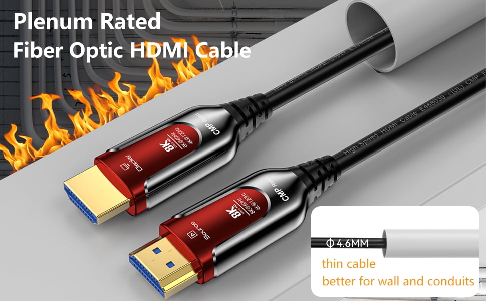 16Ft Fiber Optic HDMI Cables 8K 48Gbps, [UPGATED] Metal Armor Jacket, Ultra High Speed HDMI 2.1 Cable, 8K@60Hz 4K@120Hz, Compatible for Playstation 5 PC HDTV, Male-to-Male Black+ Red