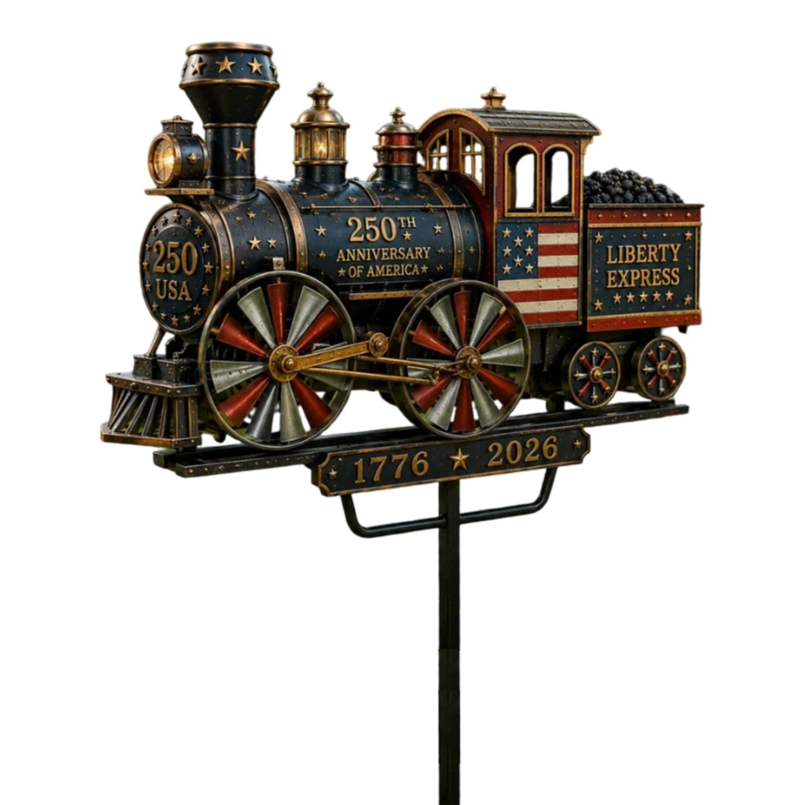Eqslft 2D Liberty Express 250th Anniversary Train Yard Stake, Patriotic Metal Train Garden Decor, Anniversary Windmill Garden Outdoor Yard Art Metal Wind Sculpture Ornament