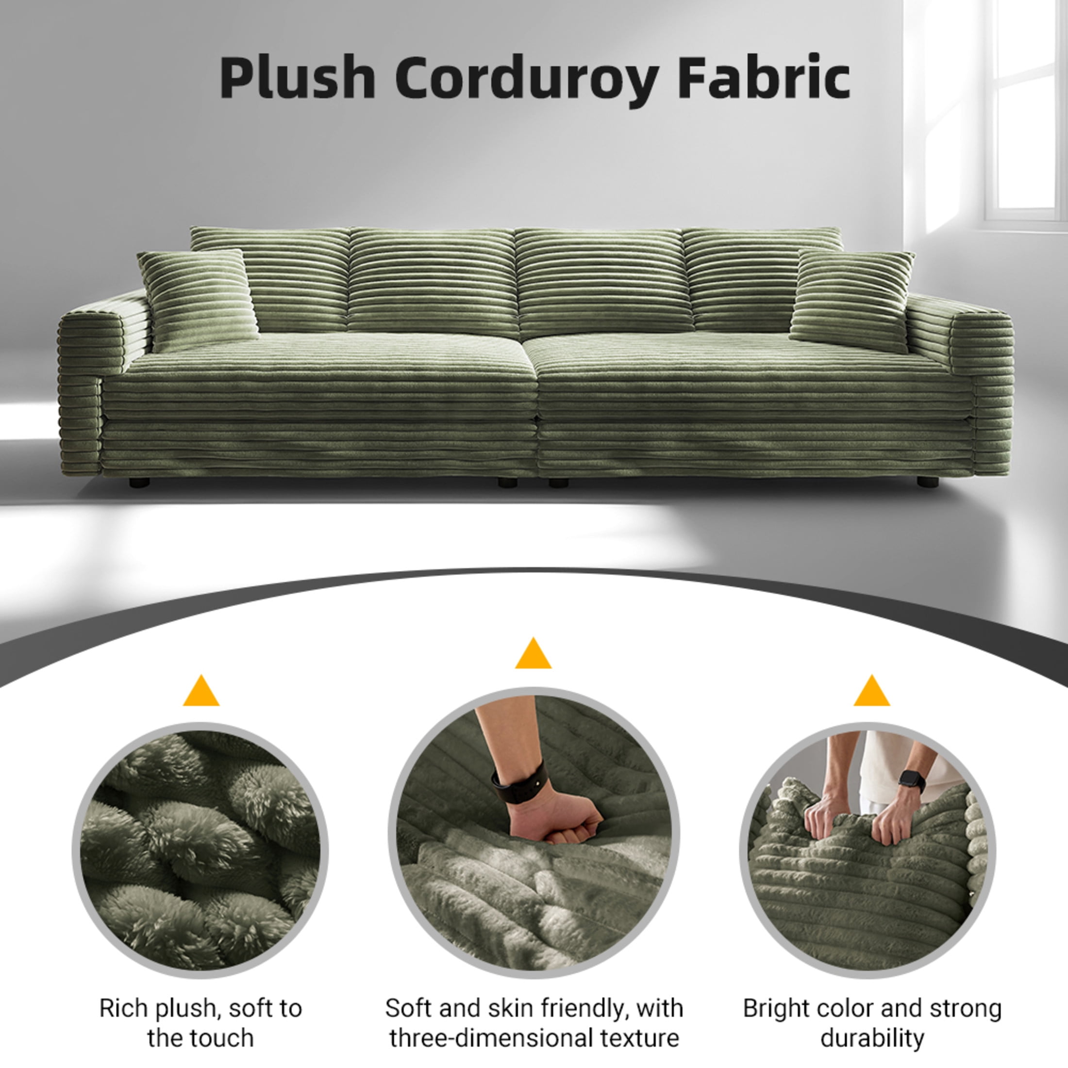 Noble House Nesta 4-Seat Plush Corduroy Cloud Sofa, Convertible Deep Seat Lounge Couch with Soft Pillows, Green