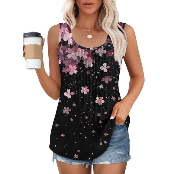 Yourumao Floral Tank Tops for Women Loose Crewneck Sleeveless Top Pleated Comfy Tunics Stretchy Plus Size Tees Summer Coffee Run Outfit