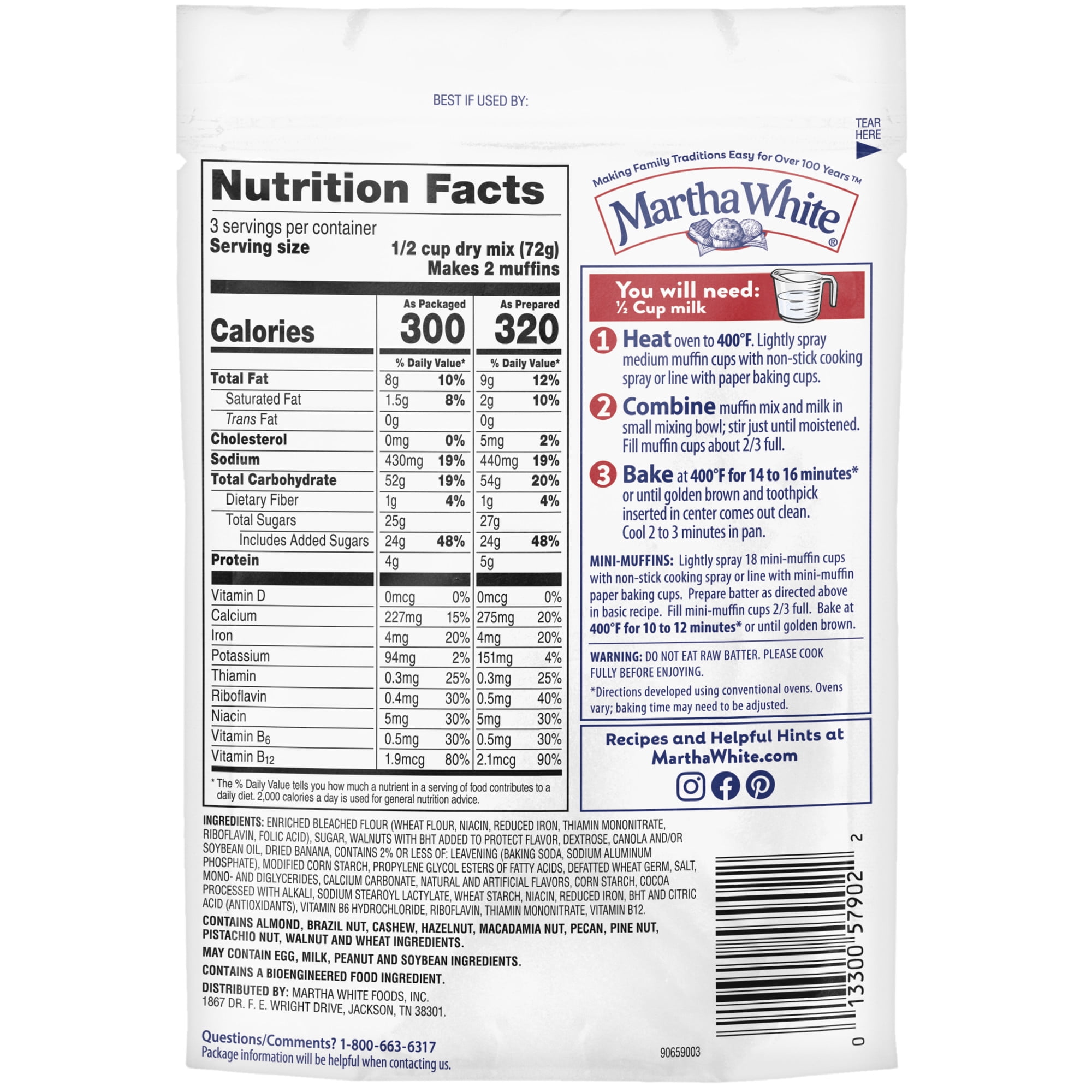 (12 pack) Martha White Banana Nut Muffin Mix, 7.6 oz Bag