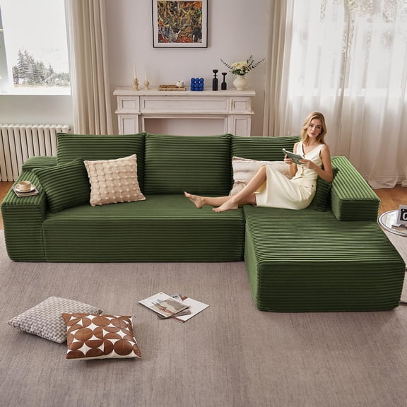 Tmjmj 107" Boneless L-Shaped Cloud Sectional Sofa with Chaise, Modern ModularCorduroy Deep Seat Couch Green