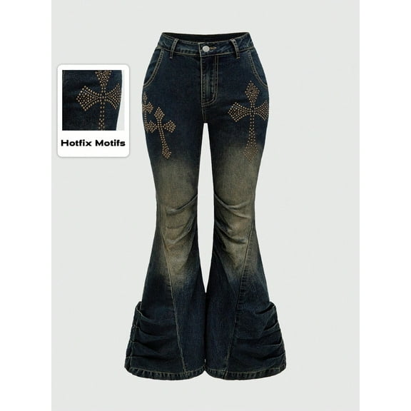 Plus Size Flare Leg Denim Jeans: Gradient Color, Zipper Button, Pocket Details, Long Medium Stretch, Grunge Punk Distressed Washed Cross-studded, Avant-garde Style