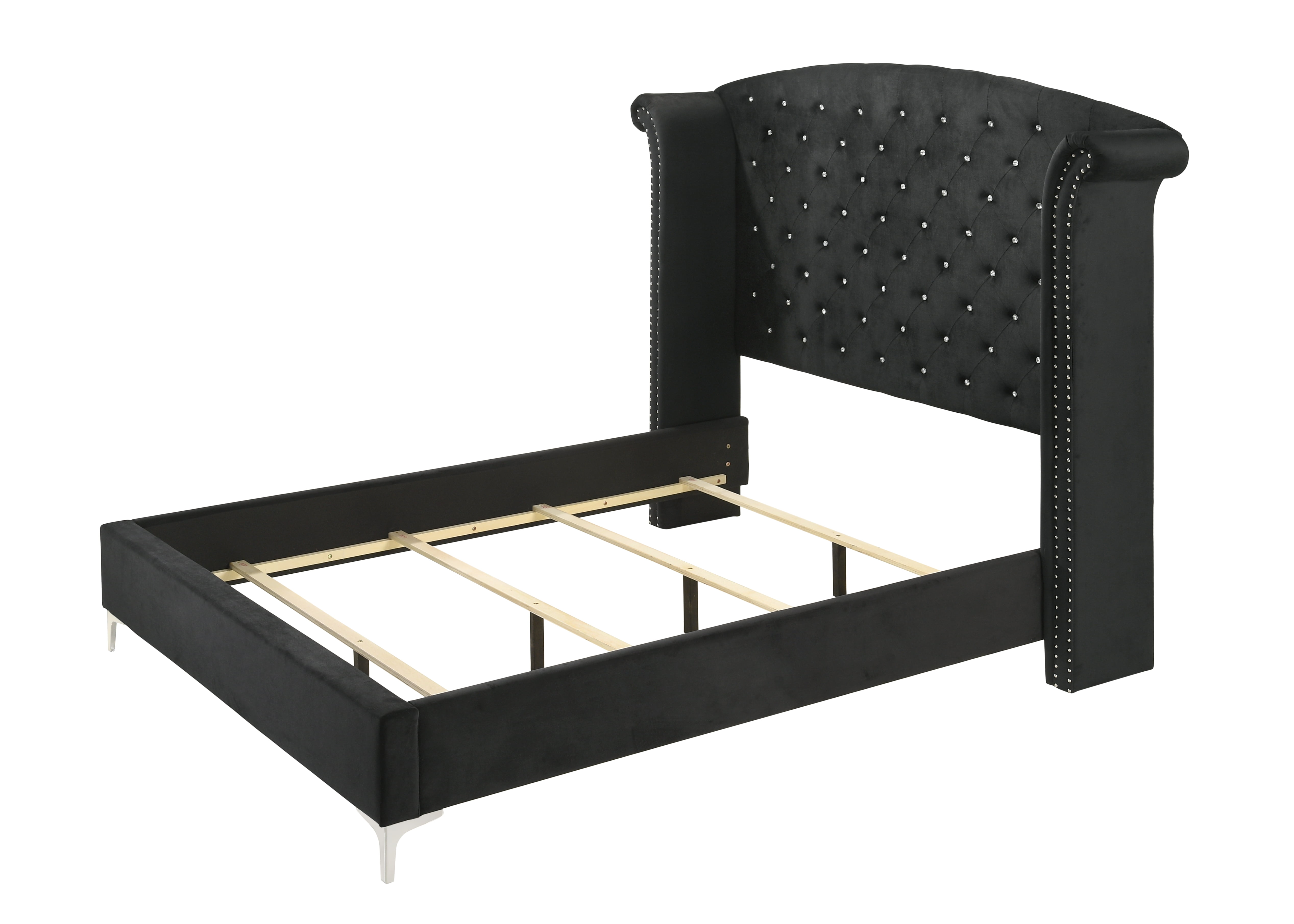 Bed Frame 1pc Glam Upholstered Queen Bed Button-Tufting Wing Back Headboard Button Bedroom Furniture Wood Metal Fabric Black