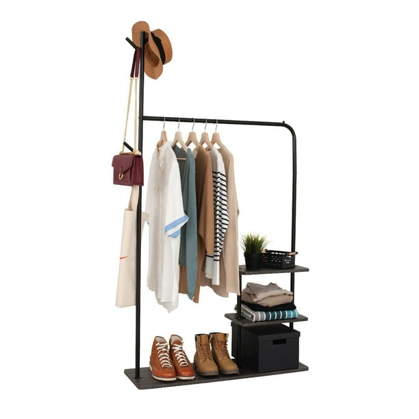 Garment Rack With 3 Tier Wood Storage Shelves And Coat Hanger Freestanding Closet In Metal Industrial Style Black Dark Brown Com Garment Rack With 3 Tier Wood Storage, Minimalist 3 Tier Coat Rack Floor Standing Wardrobe