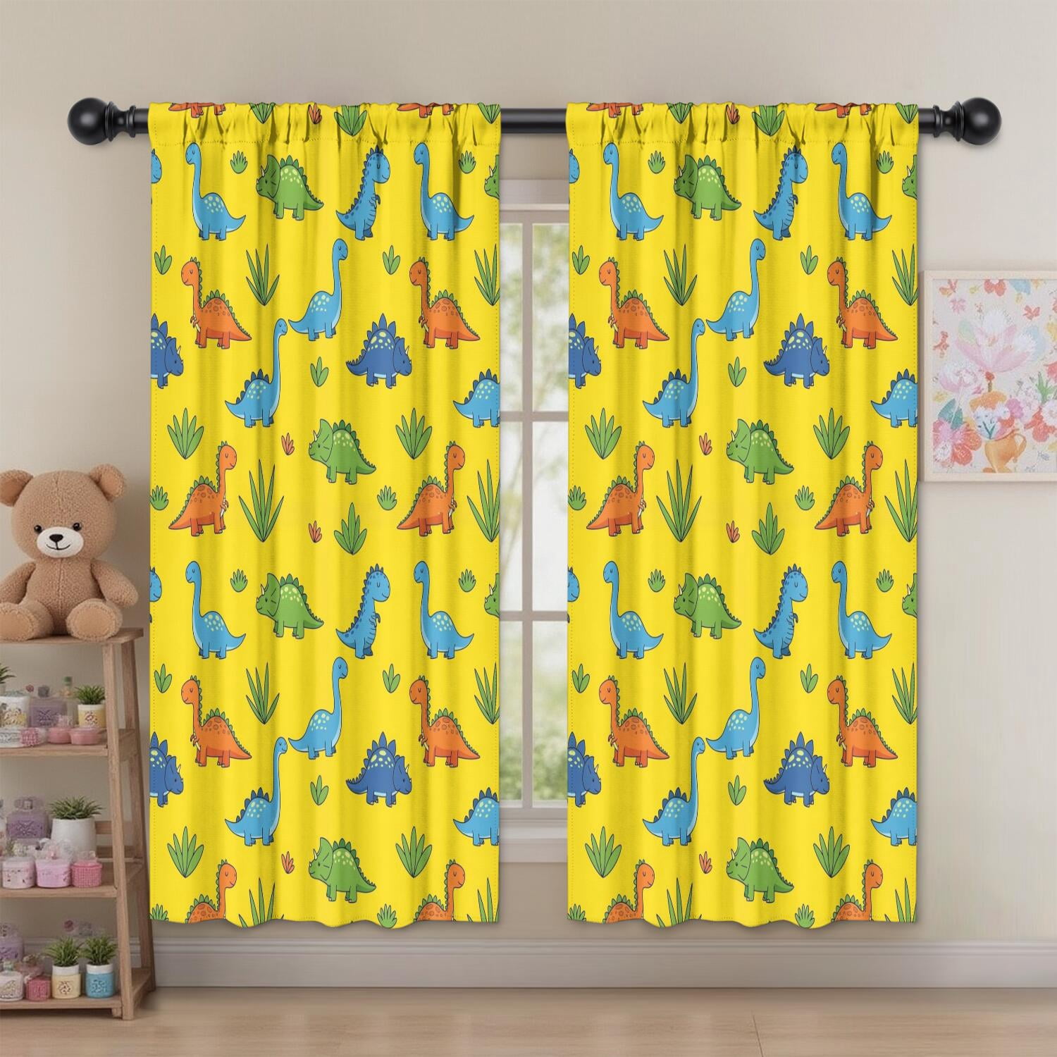 Blackout Kids Curtains,Yellow Dinosaur Plant Pattern Childrens Insulated Curtains Set Of 2,Bedroom Essentials,Toddler Room Decor 52"x63"