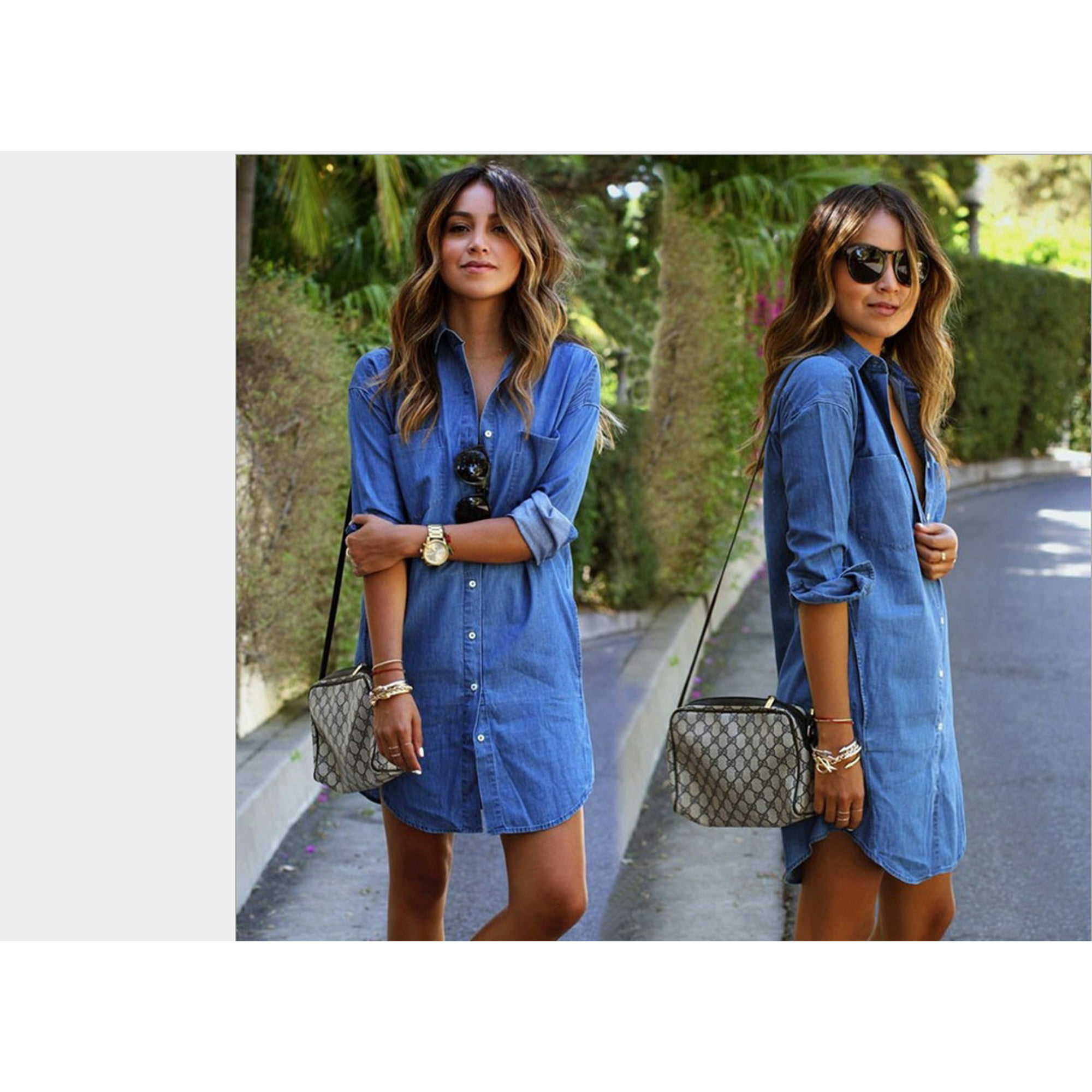 Honganda Women Denim Blue Jeans Dress Pocket Button Long Sleeve Shirt Loose Mini Dresses 2018 New Other