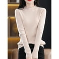 thumbnail image 4 of ManxiVoo Women Knit Pullover Semi High Neck Classic Stripe Thick Warm Soft Sweater for Everyday Comfort L Size Beige, 4 of 8