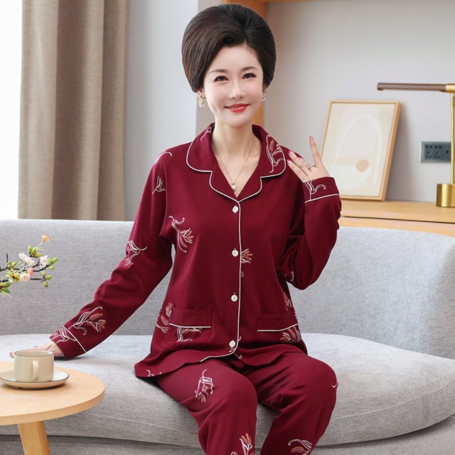 REDHOTYPE Femmes Matures Mode Imprimé Dames Pyjamas Manches Longues Pantalons Coton Grande Taille Col Rond Loungewear Deux Pièces Set