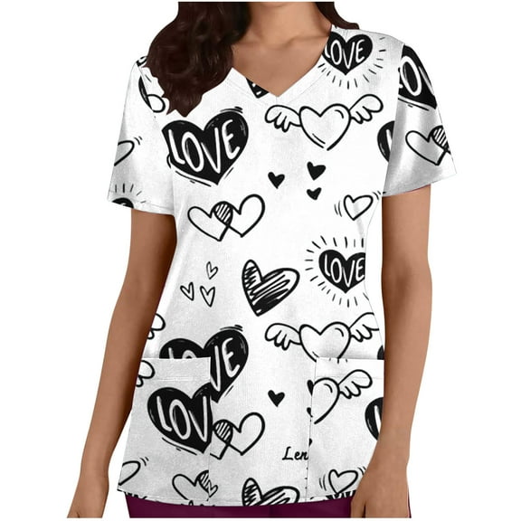 Xfvqtps Valentine's Day Scrub Tops for Women Comfortable Lightweight Medical Nursing Uniform Short Sleeve V-neck Working Uniform Saint Patrick Printed Nursing Uniform With Pocket White