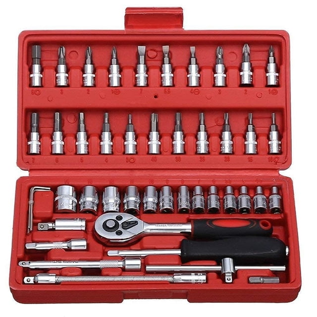 46pcs,1-4 Inch Drive Box End Socket Set | Metric Ratchet Wrench Set With 4-14mm Cr-V Socket | S2 Bit, Extension Bars, Mechanic Tool Kits For Household Auto Repair, Chrome Vanadium Steel