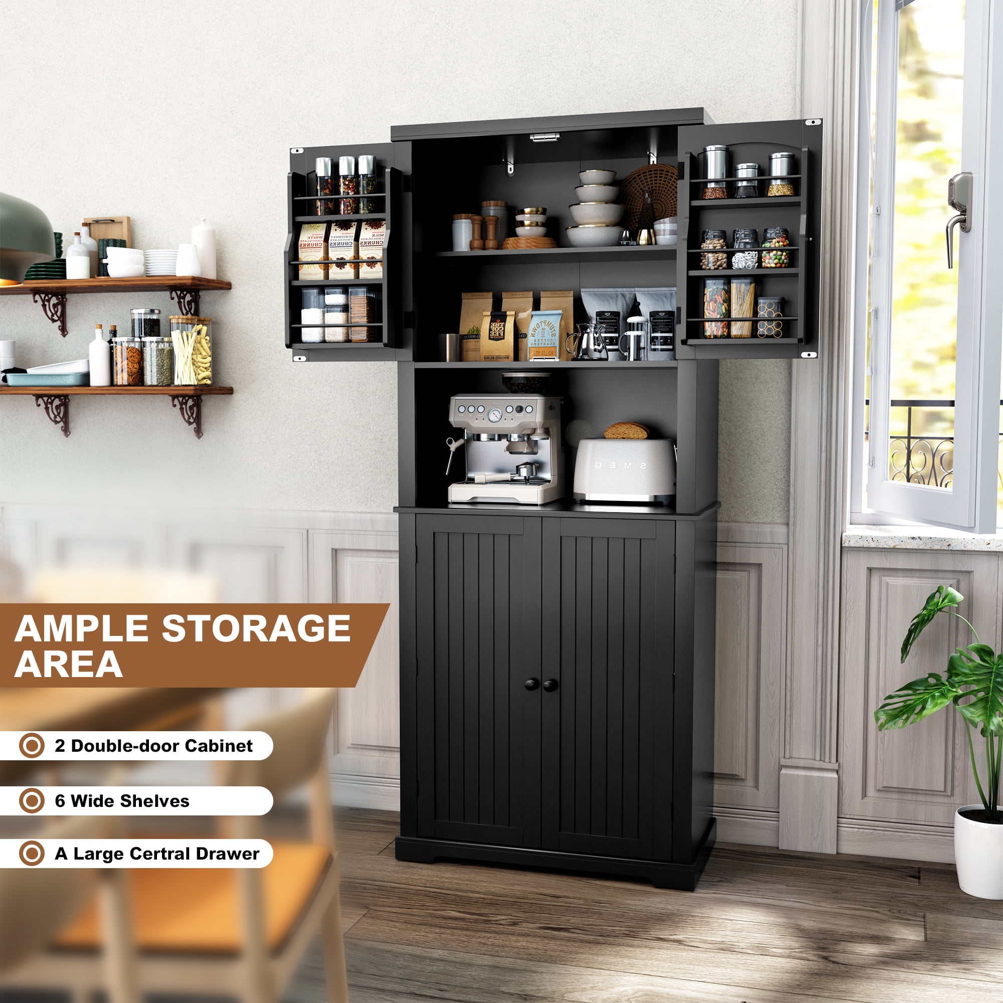 HLR 72" Kitchen Pantry Cabinet, Freestanding Pantry Storage Cabinet with Hutch & Shelves, Black