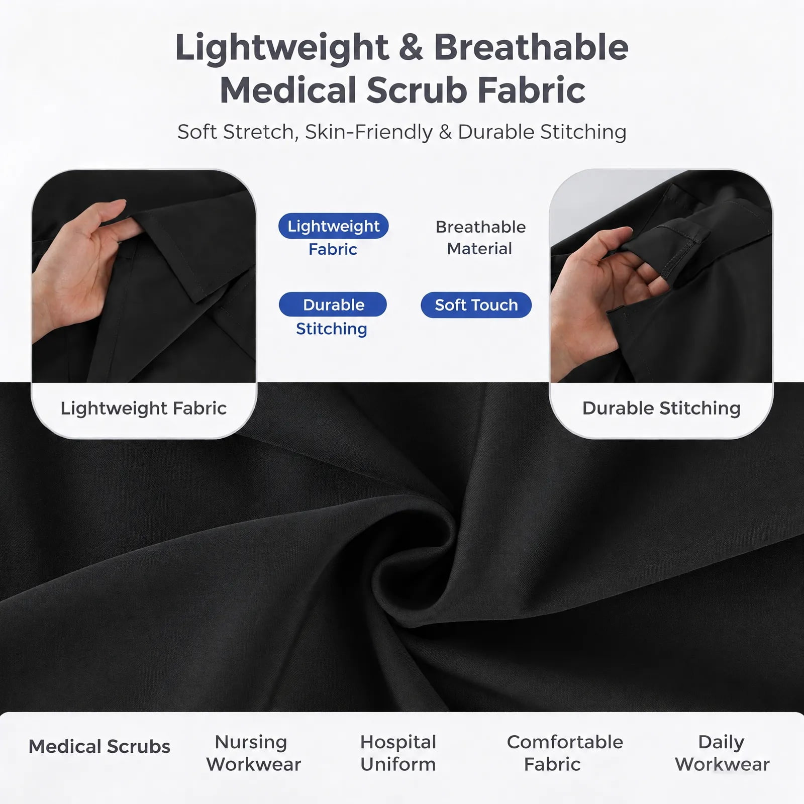 Scrub Sets for Woman Solid Color V-Neck Short Sleeve Long Pants Nurse Uniform with Pock Black S