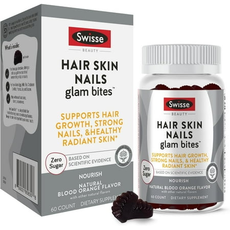 Swisse Hair Skin Nails Glam Bites, Supports Hair Growth, Strong Nails & Healthy Radiant Skin, Blood Orange Flavor, 60ct Gummies