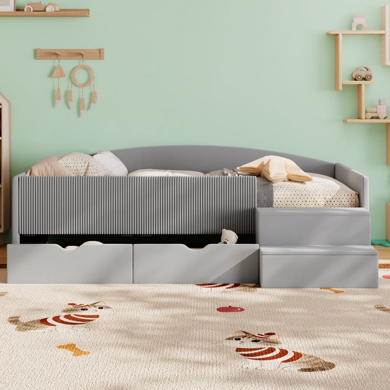 Twin Size Kids Daybed Frame with Small Stair & 2 Storage Drawers, Velvet+Corduroy Dual Upholstered Accent Platform Bed